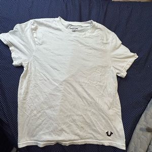 White true religion tee shirt with black true religion logo
